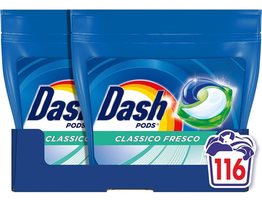 Dash Pods Detersivo Lavatrice In Capsule, 116 Lavaggi (2x58), Classico Fresco